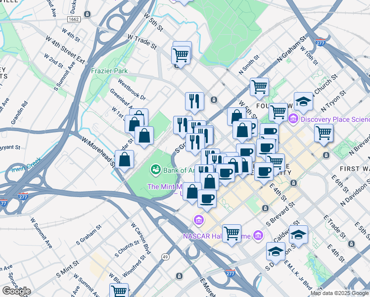 map of restaurants, bars, coffee shops, grocery stores, and more near 401 North Carolina 49 in Charlotte