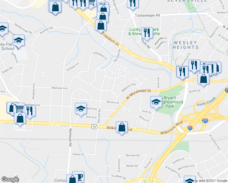 map of restaurants, bars, coffee shops, grocery stores, and more near 1921 Fleetwood Drive in Charlotte