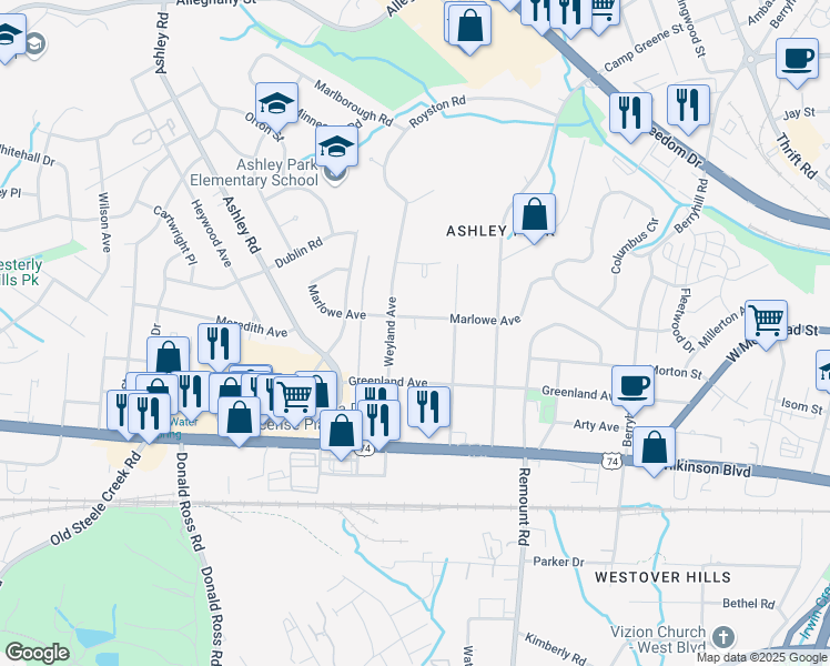 map of restaurants, bars, coffee shops, grocery stores, and more near 2121 Weyland Avenue in Charlotte