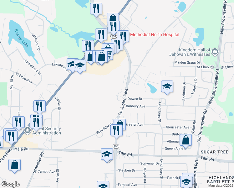 map of restaurants, bars, coffee shops, grocery stores, and more near 5109 Wyndance Drive in Memphis