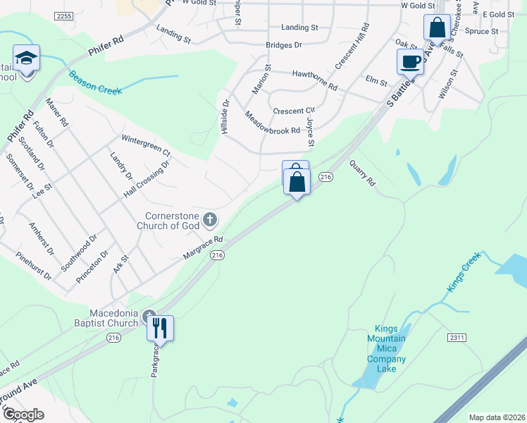 map of restaurants, bars, coffee shops, grocery stores, and more near 918 South Battleground Avenue in Kings Mountain