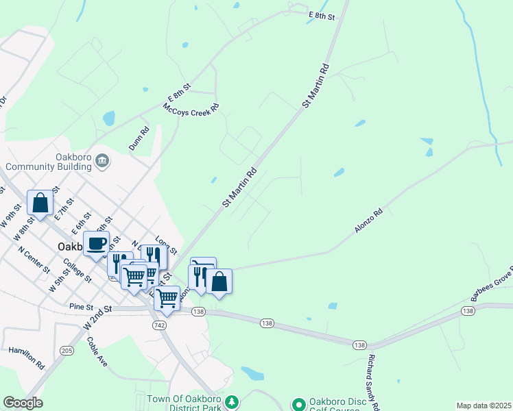 map of restaurants, bars, coffee shops, grocery stores, and more near 576 Scarlet Leaf Lane in Oakboro