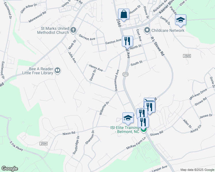 map of restaurants, bars, coffee shops, grocery stores, and more near 525 Julia Avenue in Belmont