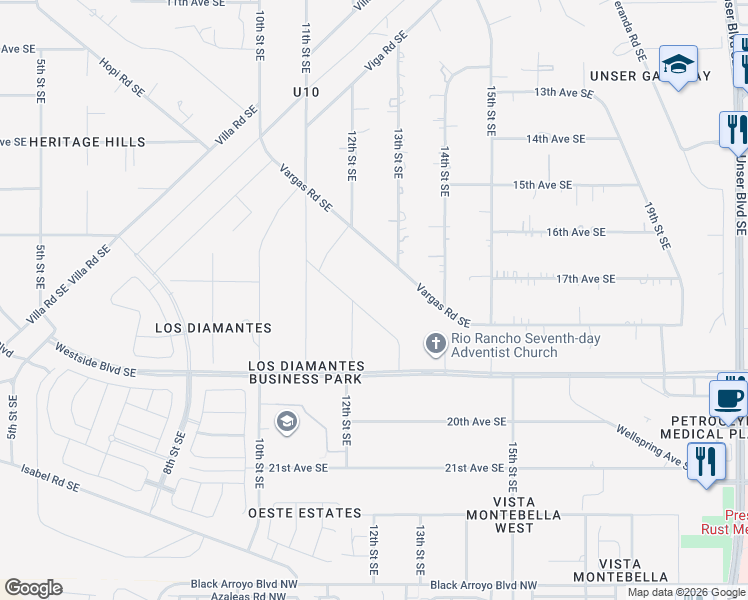 map of restaurants, bars, coffee shops, grocery stores, and more near 1209 Ventura Road Southeast in Rio Rancho