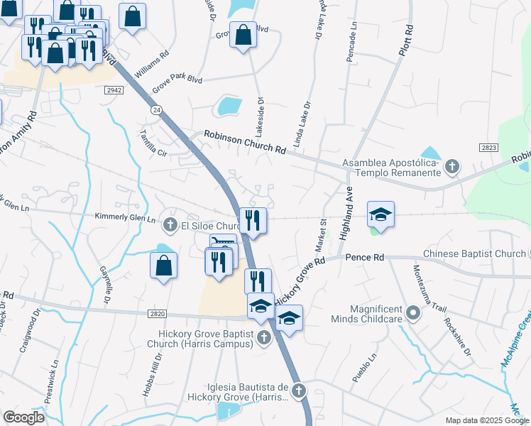 map of restaurants, bars, coffee shops, grocery stores, and more near 6300 Windsor Gate Lane in Charlotte
