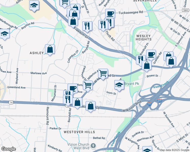 map of restaurants, bars, coffee shops, grocery stores, and more near 2020 West Morehead Street in Charlotte
