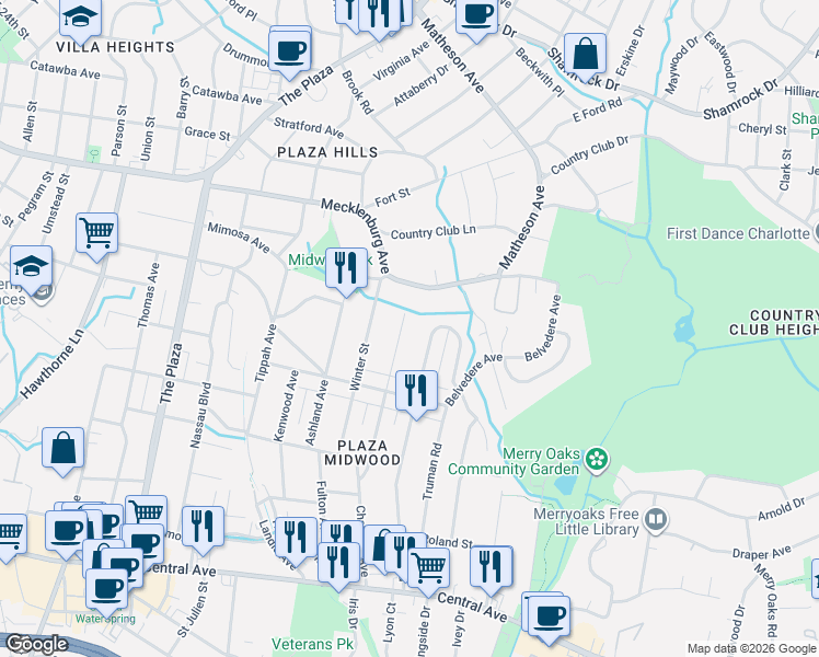 map of restaurants, bars, coffee shops, grocery stores, and more near in Charlotte