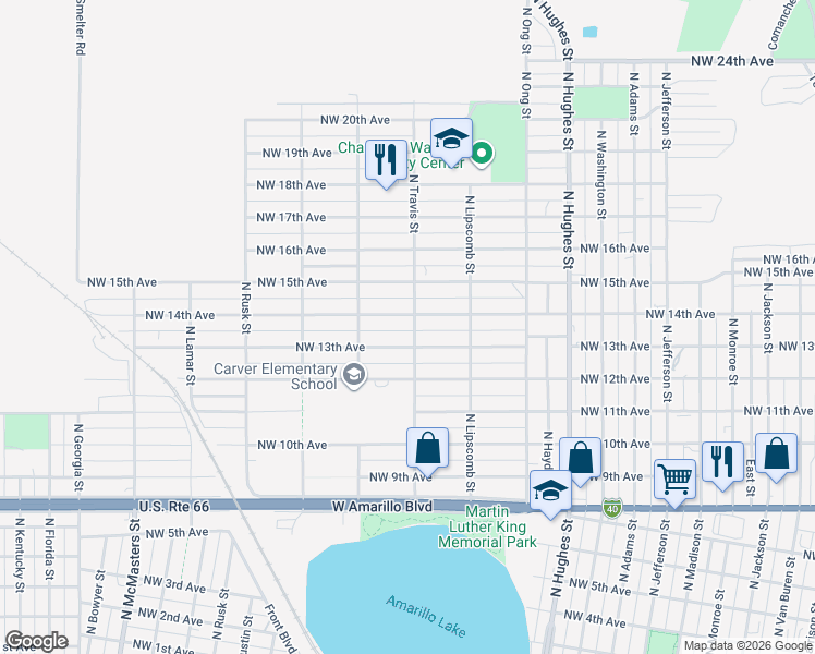 map of restaurants, bars, coffee shops, grocery stores, and more near 1300-1398 North Travis Street in Amarillo