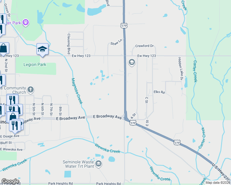 map of restaurants, bars, coffee shops, grocery stores, and more near 505 North Harvey Road in Seminole