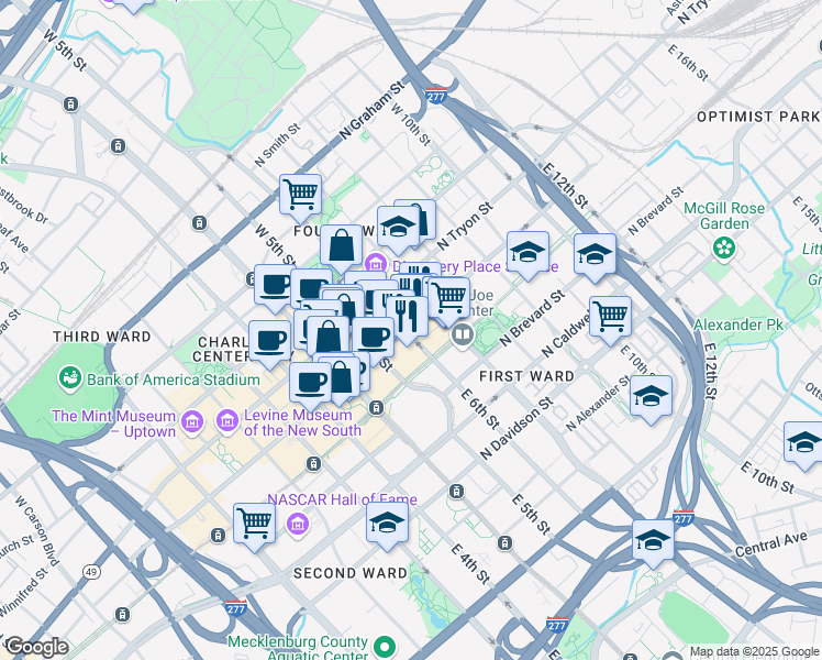 map of restaurants, bars, coffee shops, grocery stores, and more near 100 North College Street in Charlotte