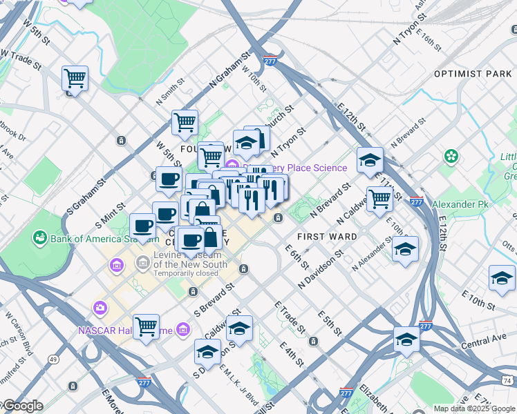 map of restaurants, bars, coffee shops, grocery stores, and more near in Charlotte
