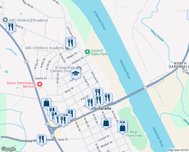 map of restaurants, bars, coffee shops, grocery stores, and more near North Front Street in Dardanelle