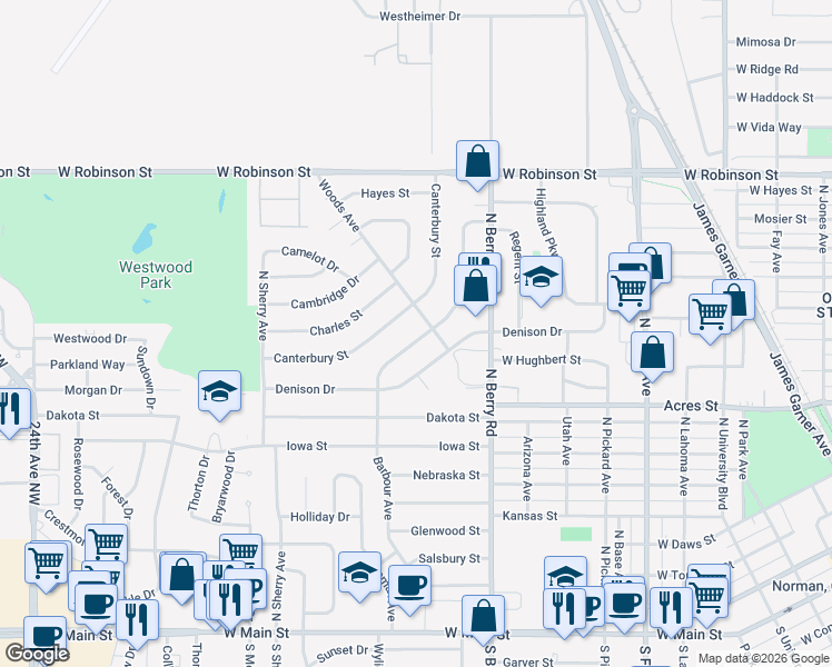 map of restaurants, bars, coffee shops, grocery stores, and more near 720 Barbour Avenue in Norman