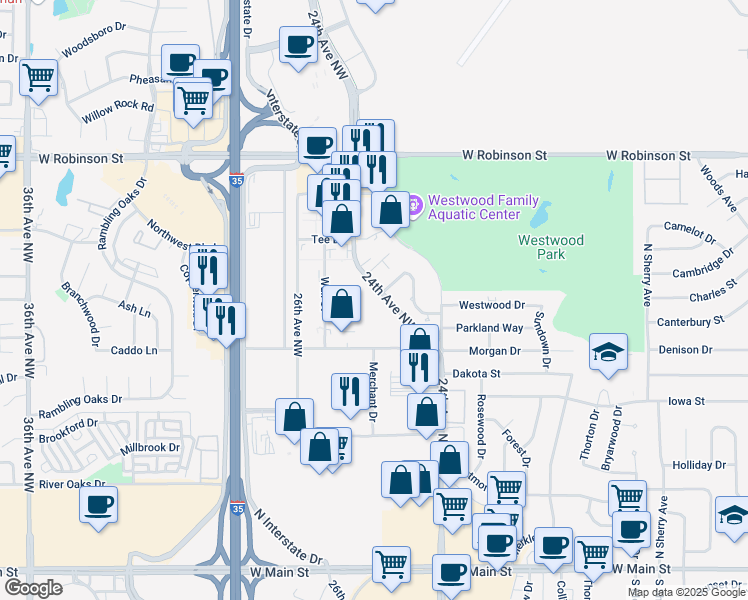 map of restaurants, bars, coffee shops, grocery stores, and more near 708 24th Avenue Northwest in Norman