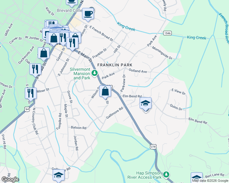 map of restaurants, bars, coffee shops, grocery stores, and more near 130 Greenville Hwy in Brevard