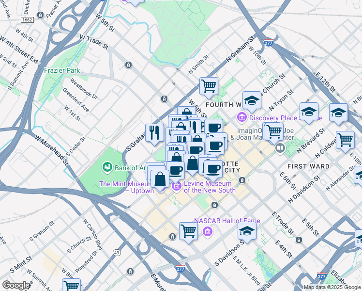 map of restaurants, bars, coffee shops, grocery stores, and more near 224 West 3rd Street in Charlotte