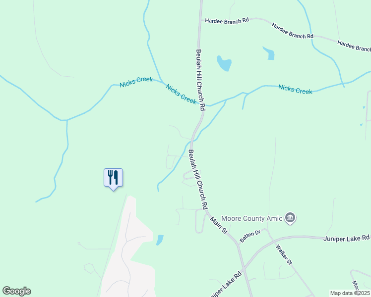 map of restaurants, bars, coffee shops, grocery stores, and more near 7255 Beulah Hills in Moore County