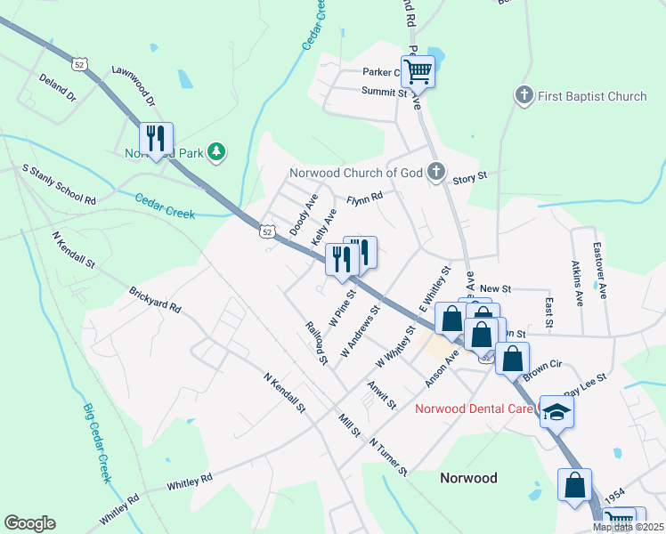map of restaurants, bars, coffee shops, grocery stores, and more near 431 North Main Street in Norwood