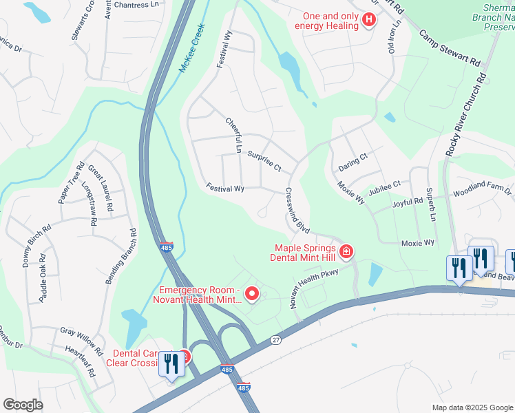 map of restaurants, bars, coffee shops, grocery stores, and more near 7557 Short Putt Court in Mint Hill