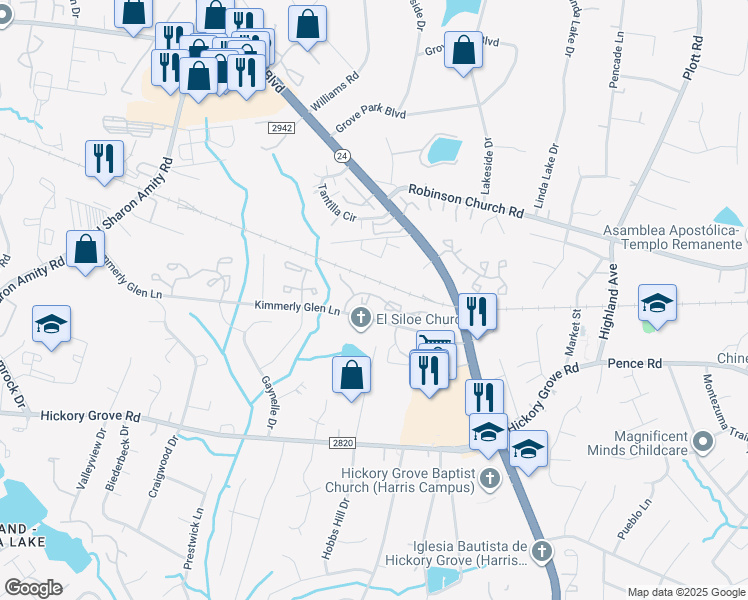 map of restaurants, bars, coffee shops, grocery stores, and more near 6840 Cypress Tree Lane in Charlotte
