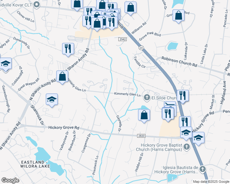 map of restaurants, bars, coffee shops, grocery stores, and more near 4408 Gaynelle Drive in Charlotte