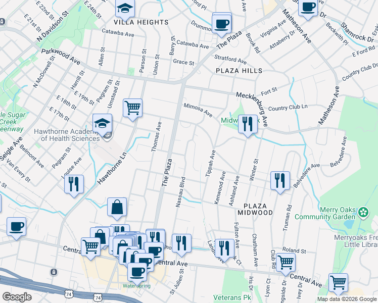 map of restaurants, bars, coffee shops, grocery stores, and more near 1839 Nassau Boulevard in Charlotte