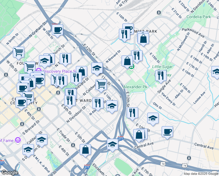 map of restaurants, bars, coffee shops, grocery stores, and more near 613 Garden District Drive in Charlotte