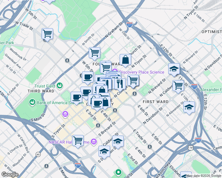 map of restaurants, bars, coffee shops, grocery stores, and more near in Charlotte