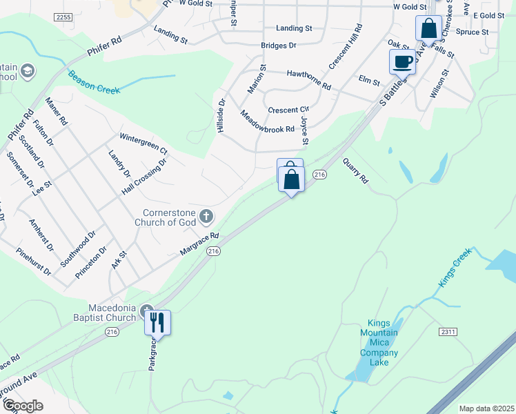 map of restaurants, bars, coffee shops, grocery stores, and more near 918 South Battleground Avenue in Kings Mountain