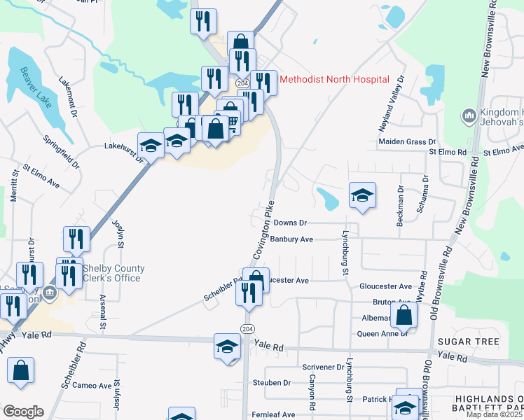 map of restaurants, bars, coffee shops, grocery stores, and more near 3757 Covington Pike in Memphis