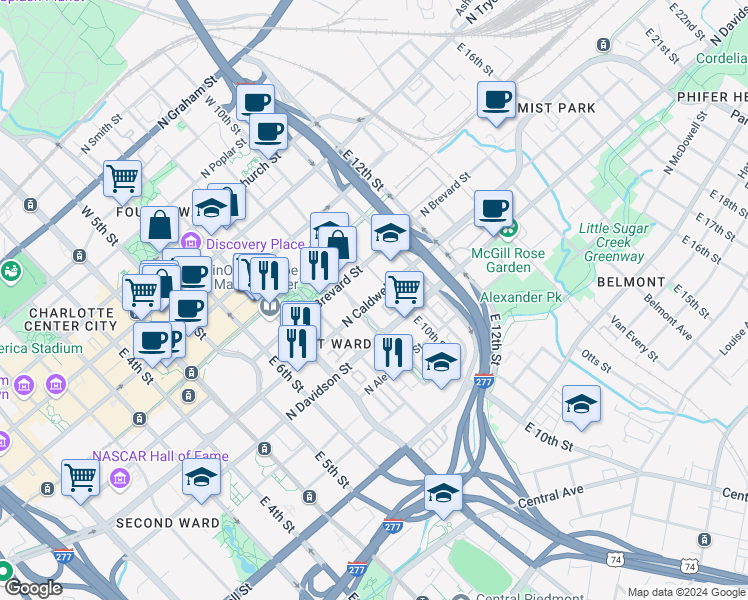 map of restaurants, bars, coffee shops, grocery stores, and more near 610 North Caldwell Street in Charlotte