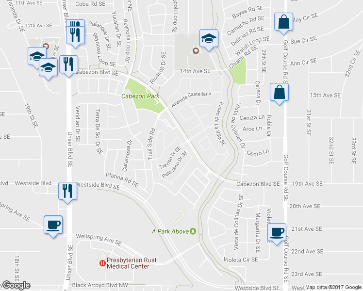 map of restaurants, bars, coffee shops, grocery stores, and more near 2529 Treviso Drive Southeast in Rio Rancho