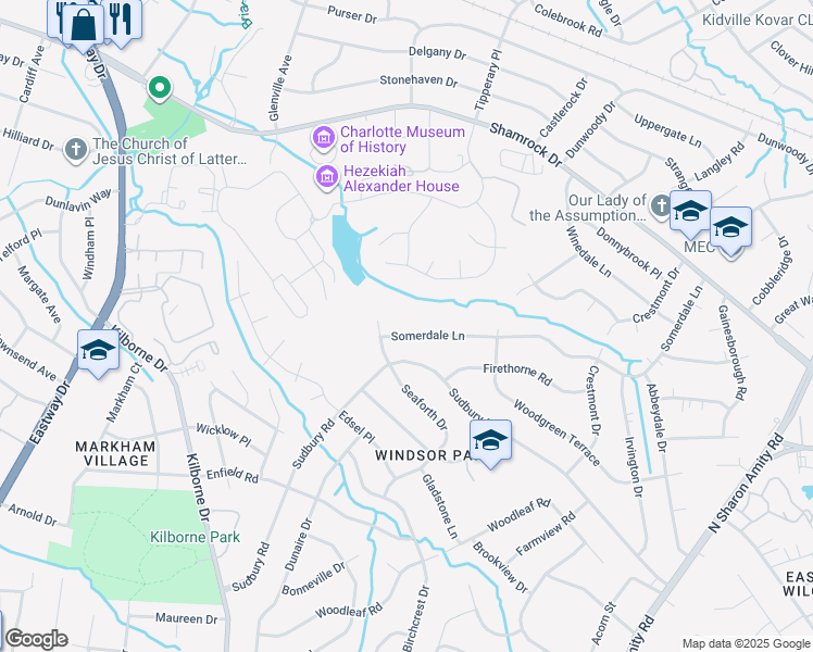 map of restaurants, bars, coffee shops, grocery stores, and more near 3926 Somerdale Lane in Charlotte