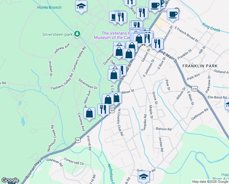 map of restaurants, bars, coffee shops, grocery stores, and more near 520 South Caldwell Street in Brevard