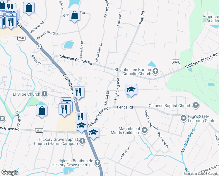 map of restaurants, bars, coffee shops, grocery stores, and more near 6400 Market Street in Charlotte