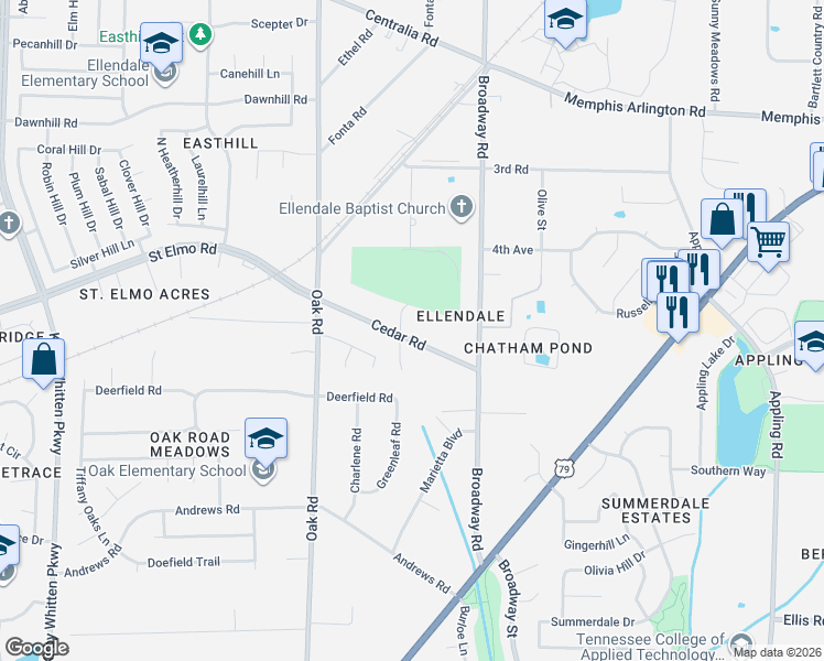 map of restaurants, bars, coffee shops, grocery stores, and more near 7243 Cedar Road in Memphis