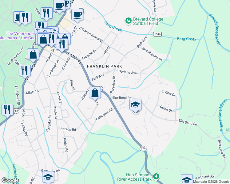map of restaurants, bars, coffee shops, grocery stores, and more near 34 Parkview Drive in Brevard