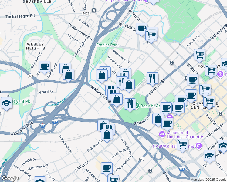 map of restaurants, bars, coffee shops, grocery stores, and more near 725s South Cedar Street in Charlotte