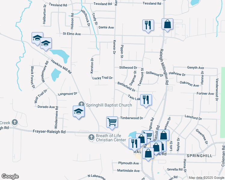 map of restaurants, bars, coffee shops, grocery stores, and more near 3747 Kerwin Drive in Memphis
