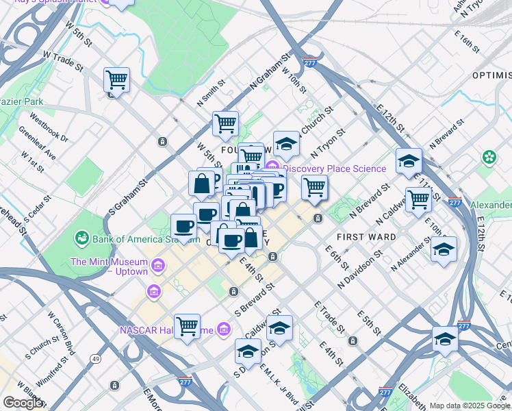 map of restaurants, bars, coffee shops, grocery stores, and more near in Charlotte