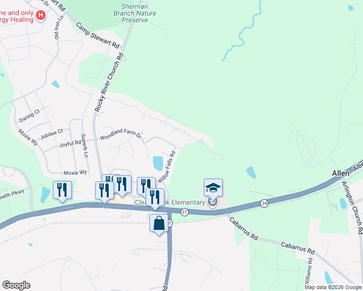 map of restaurants, bars, coffee shops, grocery stores, and more near 13407 Willow Falls Road in Charlotte