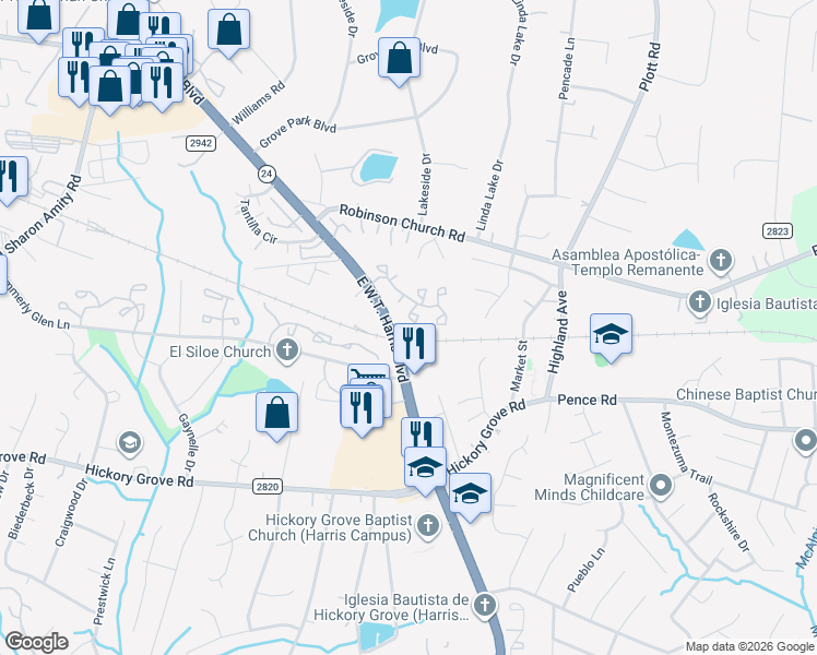 map of restaurants, bars, coffee shops, grocery stores, and more near 6300 Windsor Gate Lane in Charlotte