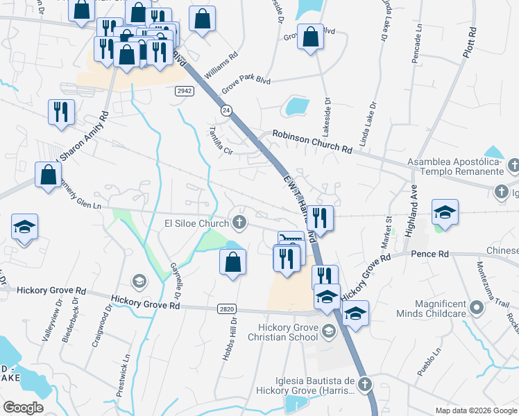 map of restaurants, bars, coffee shops, grocery stores, and more near 6840 Cypress Tree Lane in Charlotte