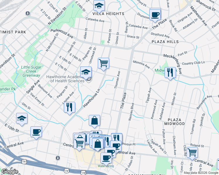 map of restaurants, bars, coffee shops, grocery stores, and more near 1827 Thomas Avenue in Charlotte