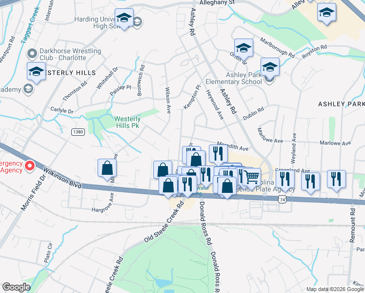 map of restaurants, bars, coffee shops, grocery stores, and more near 2418 Westerly Hills Drive in Charlotte