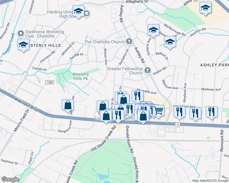 map of restaurants, bars, coffee shops, grocery stores, and more near 2418 Westerly Hills Drive in Charlotte