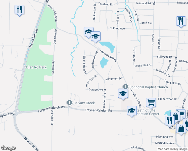 map of restaurants, bars, coffee shops, grocery stores, and more near 3738 Wolf Trail Drive in Memphis