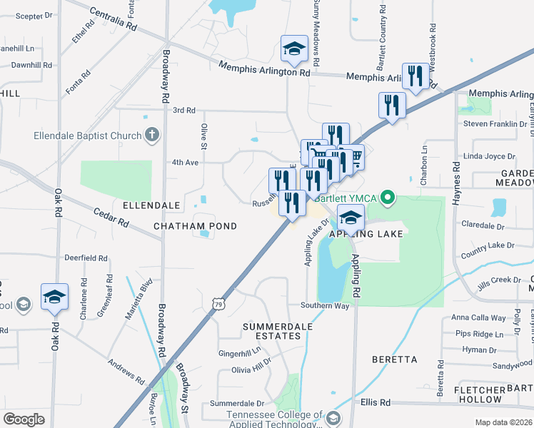map of restaurants, bars, coffee shops, grocery stores, and more near 7540 U.S. 79 in Bartlett