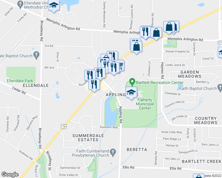 map of restaurants, bars, coffee shops, grocery stores, and more near Appling Rd & Appling Lake Dr in Bartlett