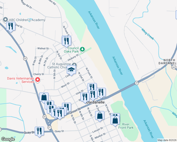 map of restaurants, bars, coffee shops, grocery stores, and more near 914 N Front St in Dardanelle